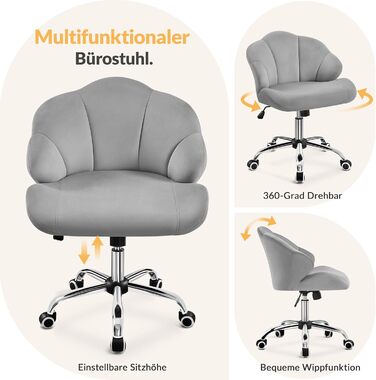 Крісло для дому та офісу Yaheetech, крісло для макіяжу, офісне крісло з регулюванням висоти, поворотне, з м'якою спинкою у формі мушлі, на коліщатках, з велюру, до 136 кг, білий (світло-сірий)