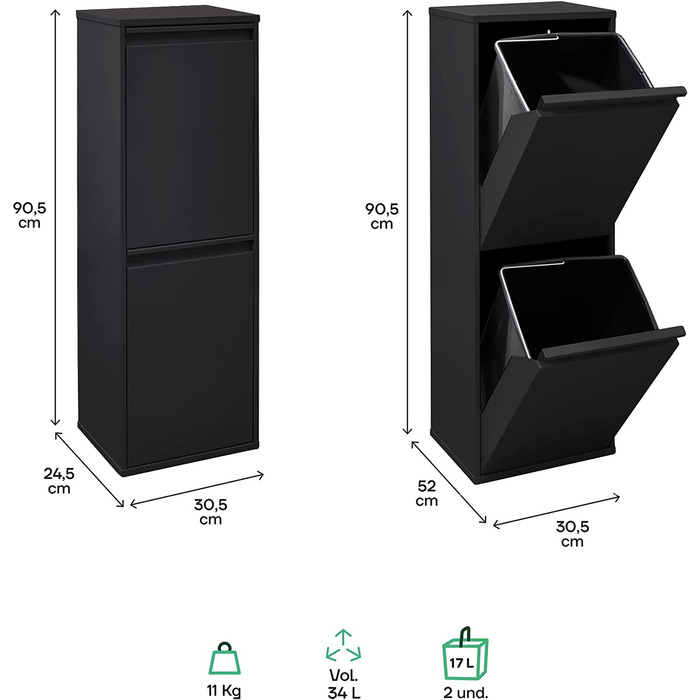 Сталевий кошик для сміття ARREGUI Basic CR206-B, система відділення сміття з 2 внутрішніми пластиковими знімними відрами з ручкою, 2 x 17 л (34 л), чорного кольору