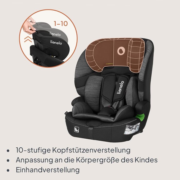 Автокрісло Lionelo Billy i-Size 76-150 см (15 міс - 12 років), ISOFIX, R129, чорно-сіре