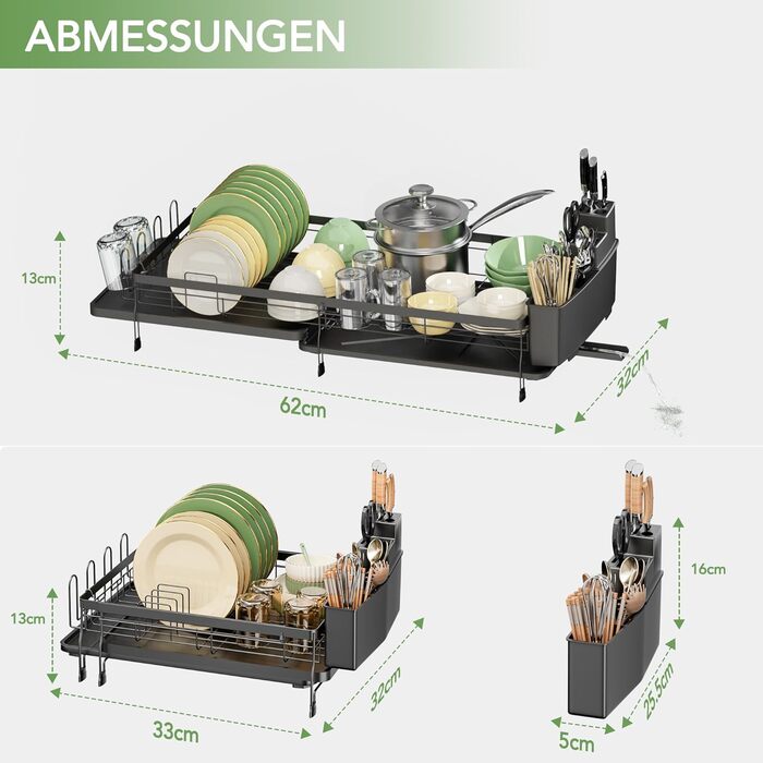 Сушарка для посуду ROTTOGOON розширювана, чорна: складана стійка з нержавіючої сталі, зливний жолоб та відділення для столових приборів