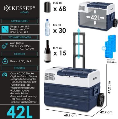 Автомобільний компресорний холодильник KESSER 42L з Wi-Fi, 12/24/230V. Морозильна камера до -20°C, колеса, телескопічна ручка для кемпінгу, фургону, вантажівки + 2 акумулятори холоду 42л, темно-синій