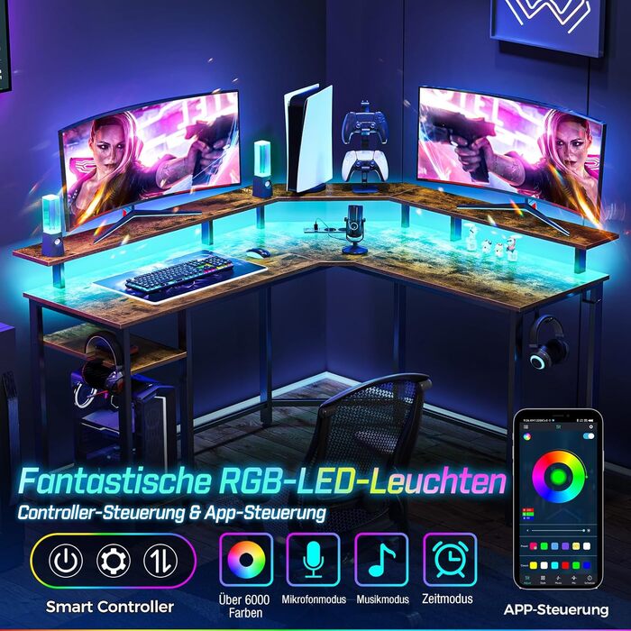 Кутовий стіл Rolanstar з RGB-підсвіткою та розетками, 135 см, для комп'ютера з підставкою для монітора та полицею, реверсивний, з 2 гачками, для спальні/офісу, вінтажний коричневий, 134,5 x 134,5 x 86,2 см