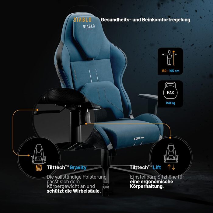 Ігровий крісло Diablo Gaming X.One Prime з підголівником та системою охолодження. Міцний металевий каркас, регульовані підлокітники. Макс. навантаження 140 кг.