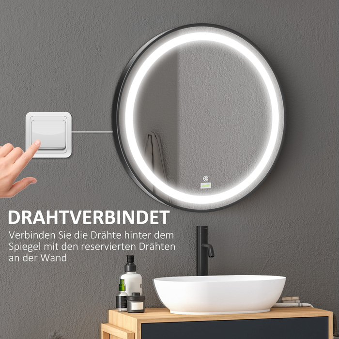 Дзеркало для ванної кімнати зі світлодіодним підсвічуванням, регульованою яскравістю, 3 кольорами світла, металевим каркасом, діаметром 60 см, чорного кольору.