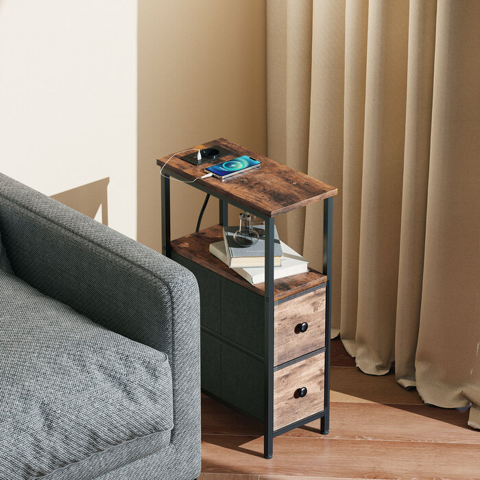 Журнальний столик-приліжний столик з підзарядною станцією, сталевий каркас, 2 висувні ящики з тканиною, відкритий відсік, розміри 20x40x63 см, колір: рустикальний коричневий.