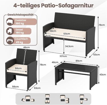 Садовий набір меблів COSTWAY з ротангу для балкона та тераси: диван, 2 крісла, стіл, подушки (Сірий + Чорний)