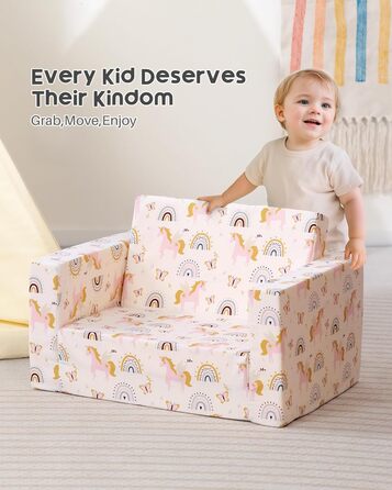 Дитяче розкладне диван-крісло BEJOY 2 в 1, Sherpa, з єдинорогом, бежевий, для дитячої кімнати, подарунок на день народження
