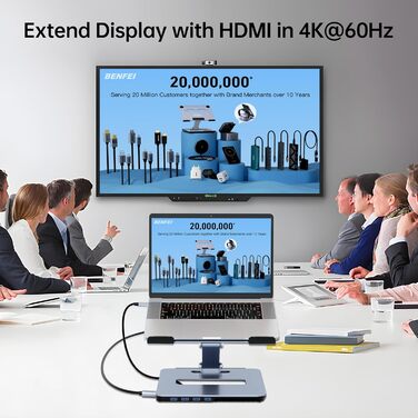 Підставка для ноутбука BENFEI з алюмінію та USB-C док-станцією 6в1, HDMI 4K@60Hz, 4*USB3.0, 100W PD, сумісна з MacBook Pro/Air, iPad Pro, XPS, Thinkpad