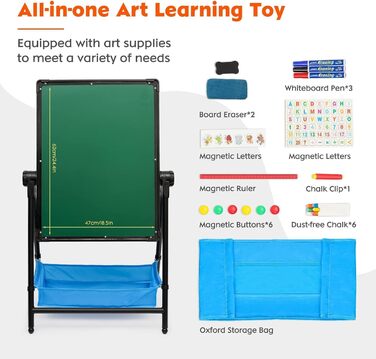 Дитяча мольберт Kinderstaffelei, двосторонній, складний, регульований по висоті, з місцем для зберігання, 360° обертання, мольберт та дошка для малювання з набором літер та цифр, для хлопчиків та дівчаток (Чорний)
