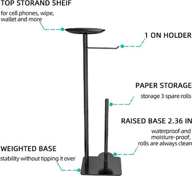 Тримач для туалетного паперу для ванної кімнати, окремо стоїть, диспенсер для туалетного паперу, 4 запасних рулону, з підставкою для мобільних телефонів, серветок для чищення, гаманця і багато чого іншого (чорний )