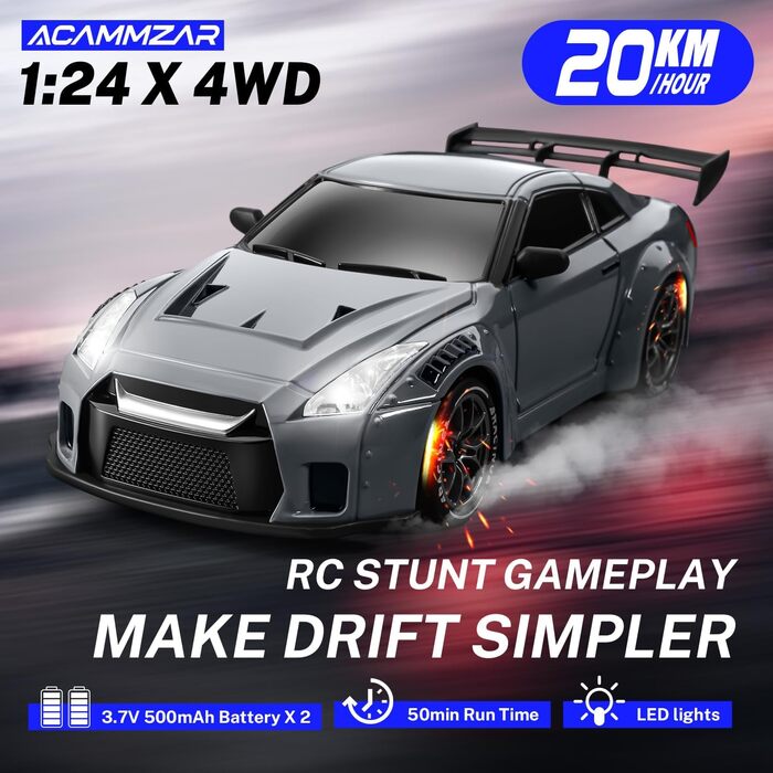 RC Drift Car ACAMMZAR 1:24, 4WD, 20 км/год, з LED підсвіткою, 2 акумулятори, для дітей та дорослих (S815 Сірий)