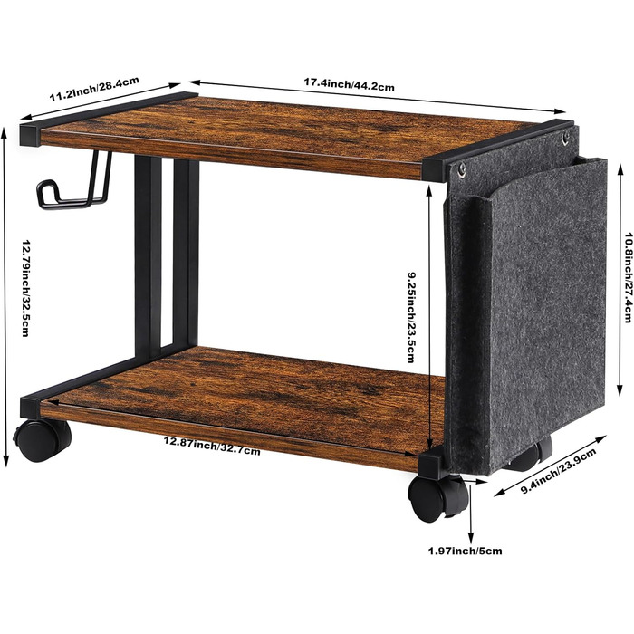 Стіл для принтера Shinoske з 2 рівнями, мобільний, з дерева та металу, 45x29x33 см