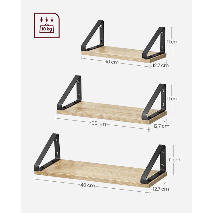 Настінна полиця VASAGLE, комплект з 6 шт., полиці-дошки, 2 способи монтажу, 30/35/40 см, для вітальні, кухні, кабінету, ванної кімнати, вінтажний коричневий + матовий чорний