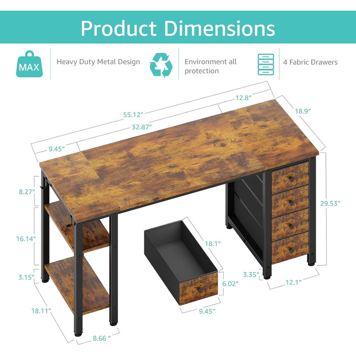 Комп'ютерний стіл Lufeiya з 4 шухлядами та полицями для зберігання, сучасний, простий дизайн, для дому, офісу, спальні, для студентів, ПК, 119,4 см, коричневий