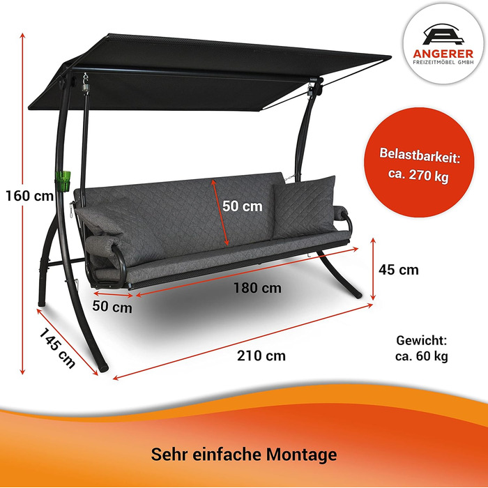 Гойдалка Анґерер Голлівуд Елеганс Джой – для сидіння, відпочинку та сну, з функцією ліжка, легка збірка, Made in Germany, високоякісна тканина, темно-сіра