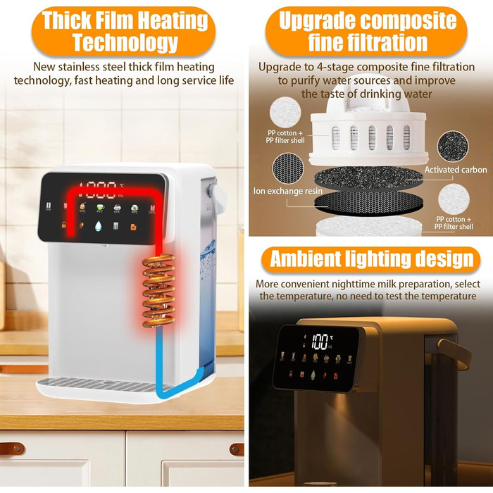 iFCOW Дозатор гарячої води, миттєвий нагрів за 3 секунди, 7 температурних режимів, 8 виходів, 3-5л бак, регулювання гучності, пам'ять - для кухні та офісу