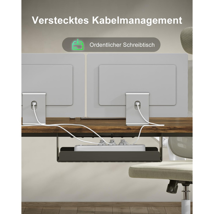 Регульований стіл Devoko 200x80 см з USB-C, електричний, мобільний, з органайзером для кабелів, білий/вінтажний коричневий