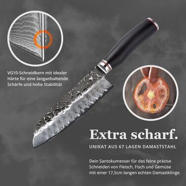 Японський ніж Santoku Wakoli EBO з дамаської сталі (серцевина VG10), 17,5 см - гострий ніж для кухні та приготування їжі, преміум-якість, з дерев'яною ручкою з дуба, у подарунковій коробці