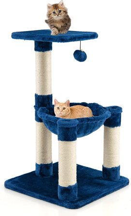 Маленьке котяче дерево COSTWAY, котяче дерево з затишним гамаком, великою платформою і хутряним клубком, дерево для котячих кігтеток, меблі для кішок і кішок, ігрове дерево для скелелазіння (синє)