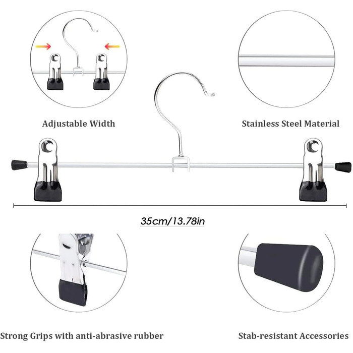 Металеві вішалки для штанів, вішалки для спідниць 35 см, компактні з нековзними затискачами для штанів, спідниць, шкарпеток, 20 шт.