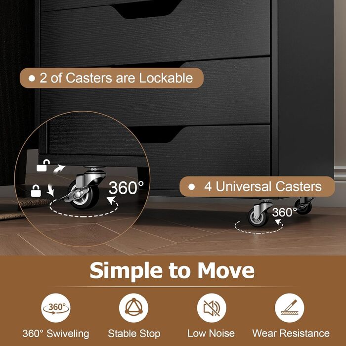 Роликовий контейнер GIANTEX з 5 висувними ящиками, офісний шафка для документів на колесах, тумба під стіл з дерева, стіл-принтер для дому та офісу (Білий, Чорний), 49 x 40 x 87 см