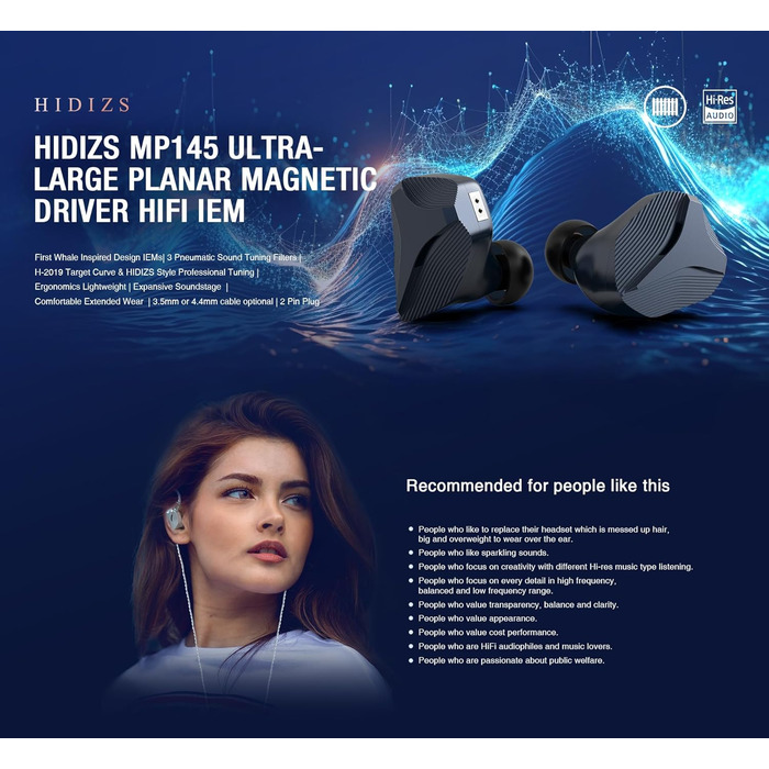 Внутрішньоканальний монітор LINSOUL Hidizs MP145, 14,5 мм Planar HiFi IEMs, знімний 2-контактний кабель, синій, 4,4 мм