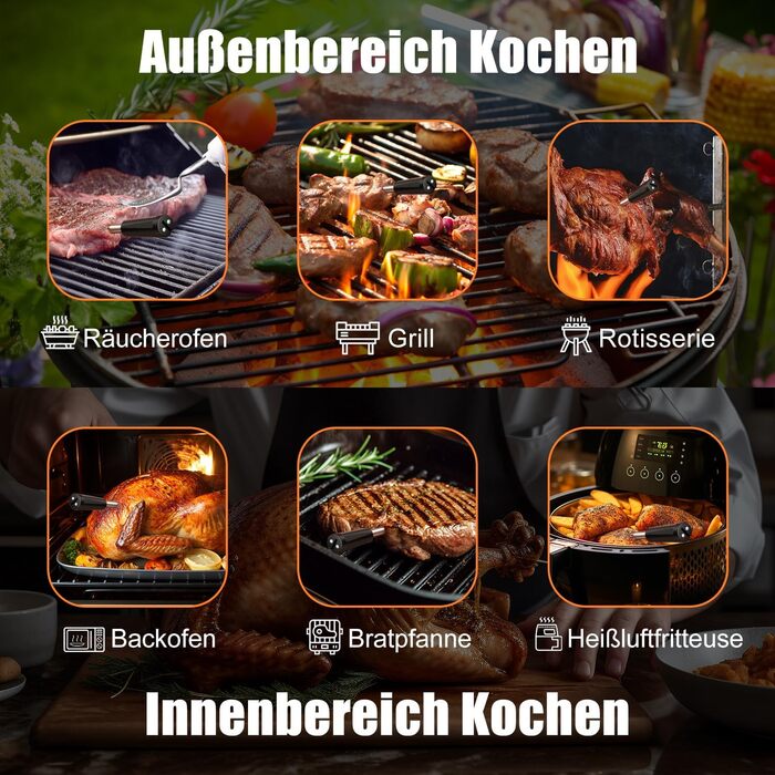 Інтелектуальний термометр для м'яса INSMART, термометр для гриля з радіусом дії 100м, Bluetooth термометр для приготування їжі з додатком, технологія Multi-Sensor, підходить для духовок, грилів, коптилень, кухонь, водонепроникний IPX7, чорний