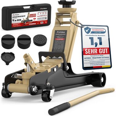 Гідравлічний домкрат Wagenheber 2.5T низькопрофільний для легкових авто та авто з заниженою підвіскою, до 2500 кг, бежевий + 3 гумові накладки та адаптер