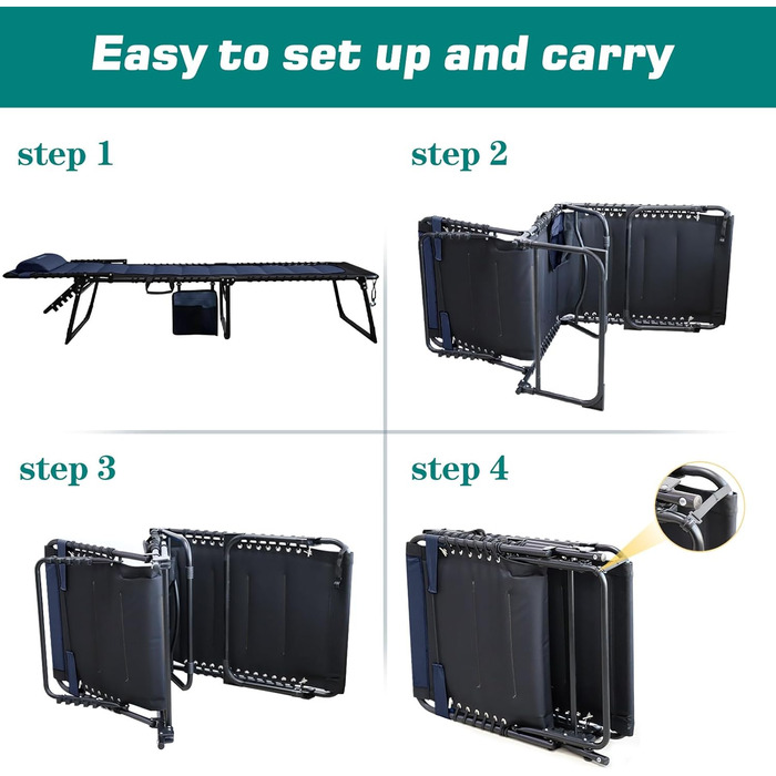 Великий розкладний шезлонг для саду: 5 положень спинки, Outdoor, XXL, триногий, для пляжу/кемпінгу, до 150 кг, з подушкою та кишенею, 200x68 см, сірий (Navy_s, 190x59 см)