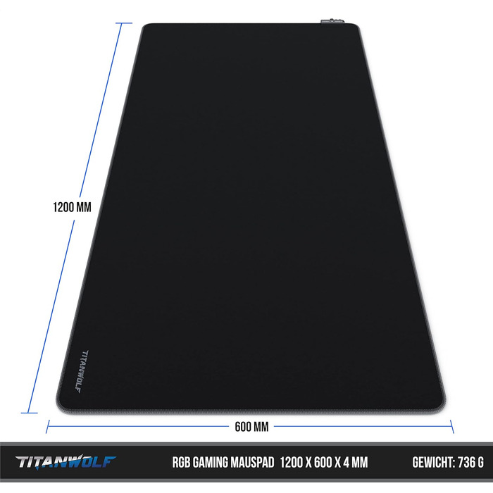 TITANWOLF XXXL RGB килимок для миші – 1200 x 600 мм, LED, 7 кольорів, 4 режими, для геймінгу, гумова основа, миється