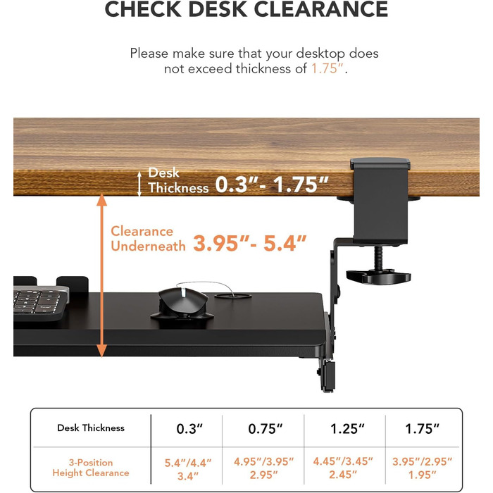 Висувна полиця під клавіатуру під стіл, чорна, з міцним C-кріпленням, 27.3x27.9 см (82.5 см з кріпленнями)