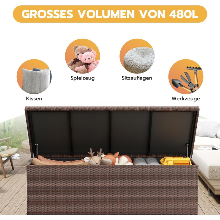 Водонепроникний садовий ящик-бокс UDPATIO з колесами 480л (138x61 см), коричневий - для саду, балкону, зберігання
