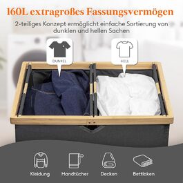 Кошик для білизни LifeWit 160L з бамбуком, з кришкою, складаний, 2 відділення, знімний мішок для білизни, чорний