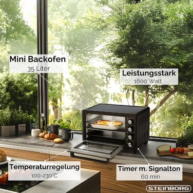 Міні-піч Steinborg® 35 л з конвекцією, поворотним насікачем, крихтосховищем, верхнім та нижнім нагрівом, таймером. Потужність 1600 Вт, регулювання температури до 230°C.