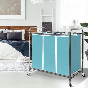 Сортувальник для білизни STORAGE MANIAC з 3 відділеннями, 136 л, з міцними колесами та знімними кишенями, кошик-органайзер для одягу, блакитний