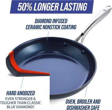 Керамічна сковорода з антипригарним покриттям Blue Diamond, 20,3 см, без вмісту PFAS, можна мити в посудомийній машині та використовувати в духовці, сіра