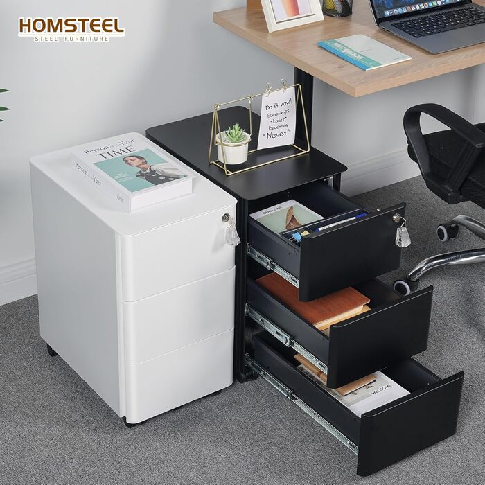 Роликовий контейнер HOMSTEEL з замком, 3 висувні ящики, стіл для принтера, білий, 46x30x54 см