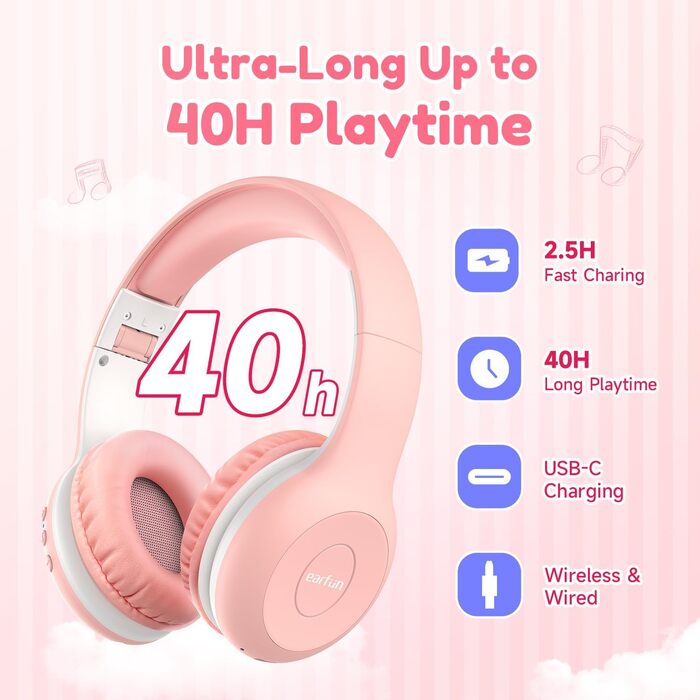 Дитячі навушники EarFun Bluetooth 2 шт. , 85/94 дБ, HiFi звук, HD мікрофон, акумулятор 40 год, складні, з розгалужувачем