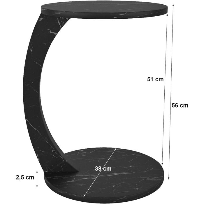 Приставний стіл Отвір Приліжкова тумбочка на коліщатках Стіл для ноутбука Стіл для вітальні С-подібний стіл на колесах Кругла стільниця 56 x Ø 38 см Журнальний столик (мармур, чорний)
