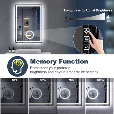 Дзеркало для ванної кімнати S'bagno Bluetooth з підсвічуванням 100x70 см, LED, протитуманне, диммер, Bluetooth, HD скло, IP44, горизонтальне/вертикальне