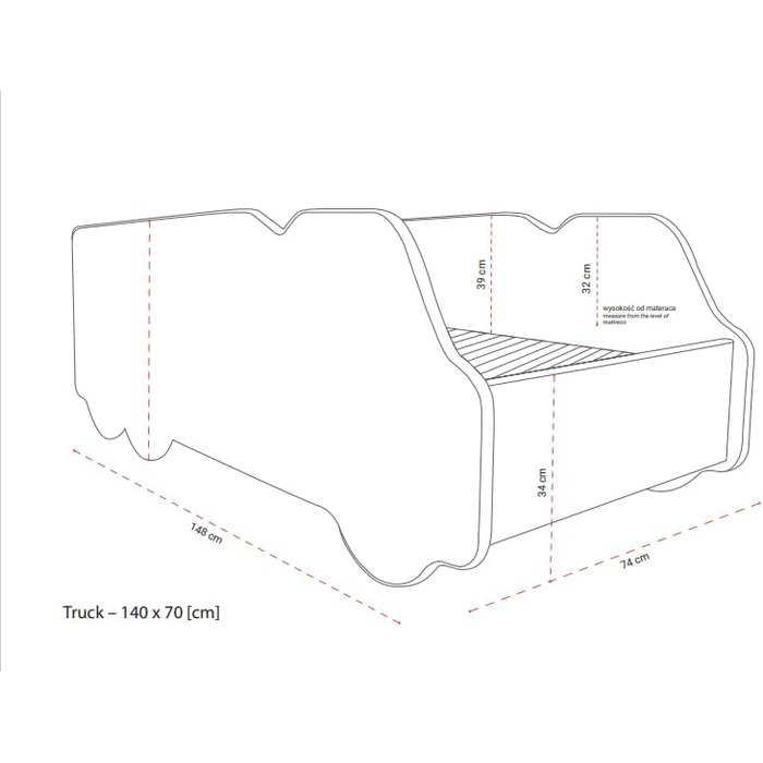 Верхнє ліжко Автомобільне ліжко, Ліжко для автомобіля, Дитяче ліжко із захистом від падіння, Молодіжне ліжко, Дитяче ліжко з рейковим каркасом для хлопчиків та дівчаток, Big Truck (Польща Team)