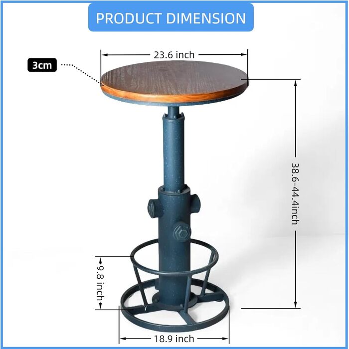 Столик барний вінтажний в індустріальному стилі, дизайн як пожежний гідрант, блакитний, регульована висота 98-112,8 см
