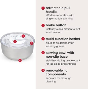 Салатниця Zyliss Easy Spin 2 з відцентровою технологією Aquavent, 6л, нержавіюча сталь, біла