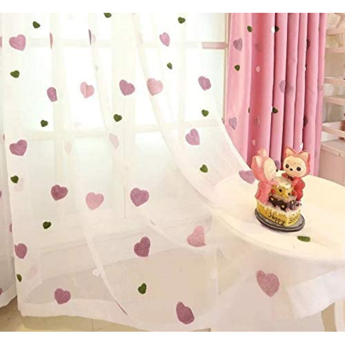 Фіранка Lactraum для дитячої кімнати для дівчаток, прозора біла з вишитими сердечками, 100 х 245 см (вуаль з воланами, 200 х 245 см (Ш х В))