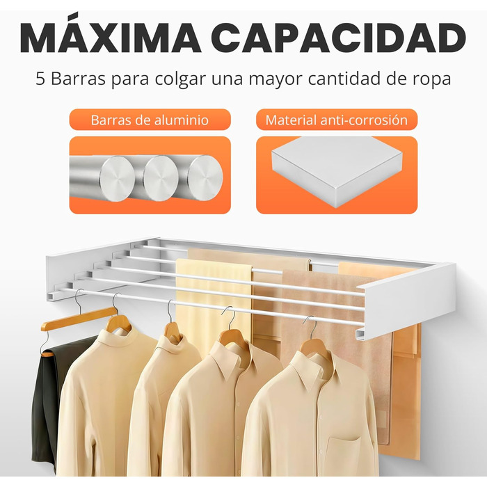 Настінна сушарка для білизни Jupplies, 120 см, розкладна, з алюмінію, 30 кг, для дому та вулиці (біла)