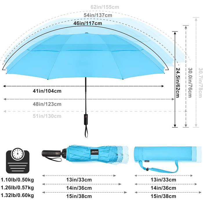 Складна парасолька, 10 ребер, стійка, автоматична, вітрозахисна та водонепроникна, небесно-блакитна, 4Free 157,7