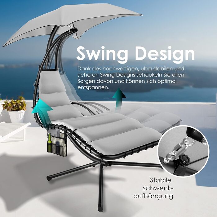 Кесер® Плаваюча лежанка з парасолькою, гамак-лежанка, сонячна лежанка H200, L194, B100 см, лежанка для відпочинку, гамак-шезлонг, до 120 кг, з подушкою для шиї, сумка в комплекті (Сірий)