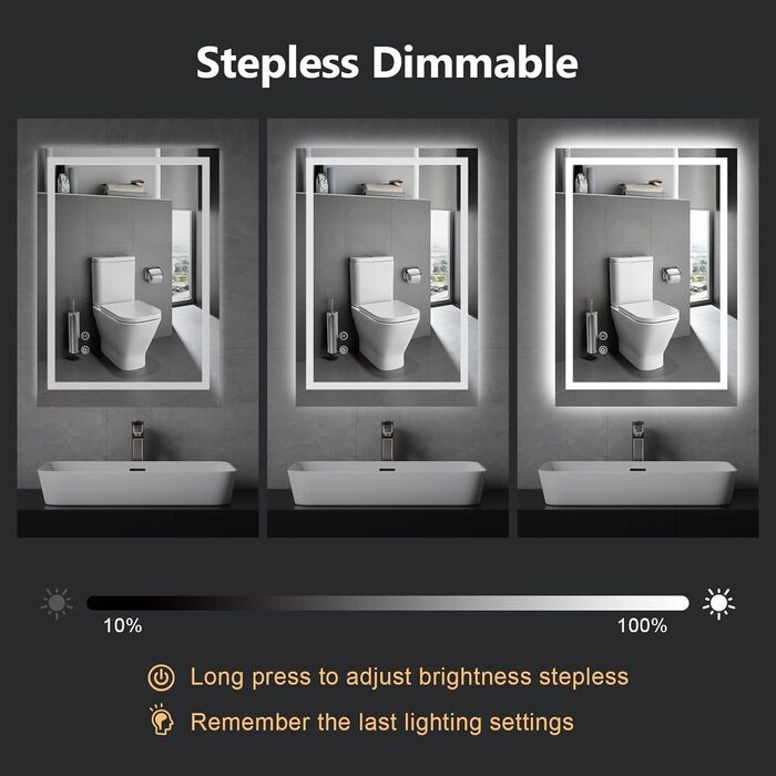 Дзеркало для ванної кімнати зі світлодіодним підсвічуванням 50x70 см, LED дзеркало з сенсорним вимикачем, 80x60 см з 3-кольоровим регулюванням яскравості