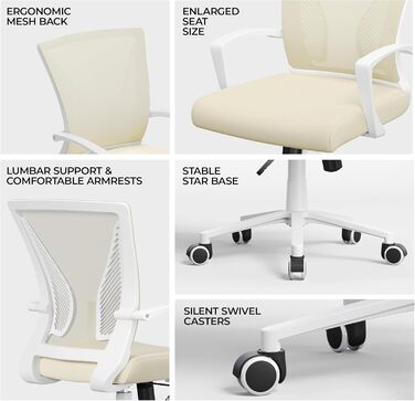 Офісний стілець Yaheetech ергономічний з сітчастою спинкою, регульований, з підлокітниками, бежевий, до 136 кг