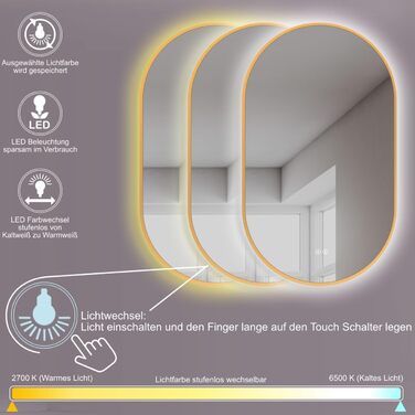Дзеркало для ванної кімнати HOKO Design LED Turin овальне 45x75 см, рамка матовий чорний, LED підсвітка, сенсорне управління, зміна кольору світла (тепле/холодне/нейтральне), монтаж HOCH+QUER, антизапарник
